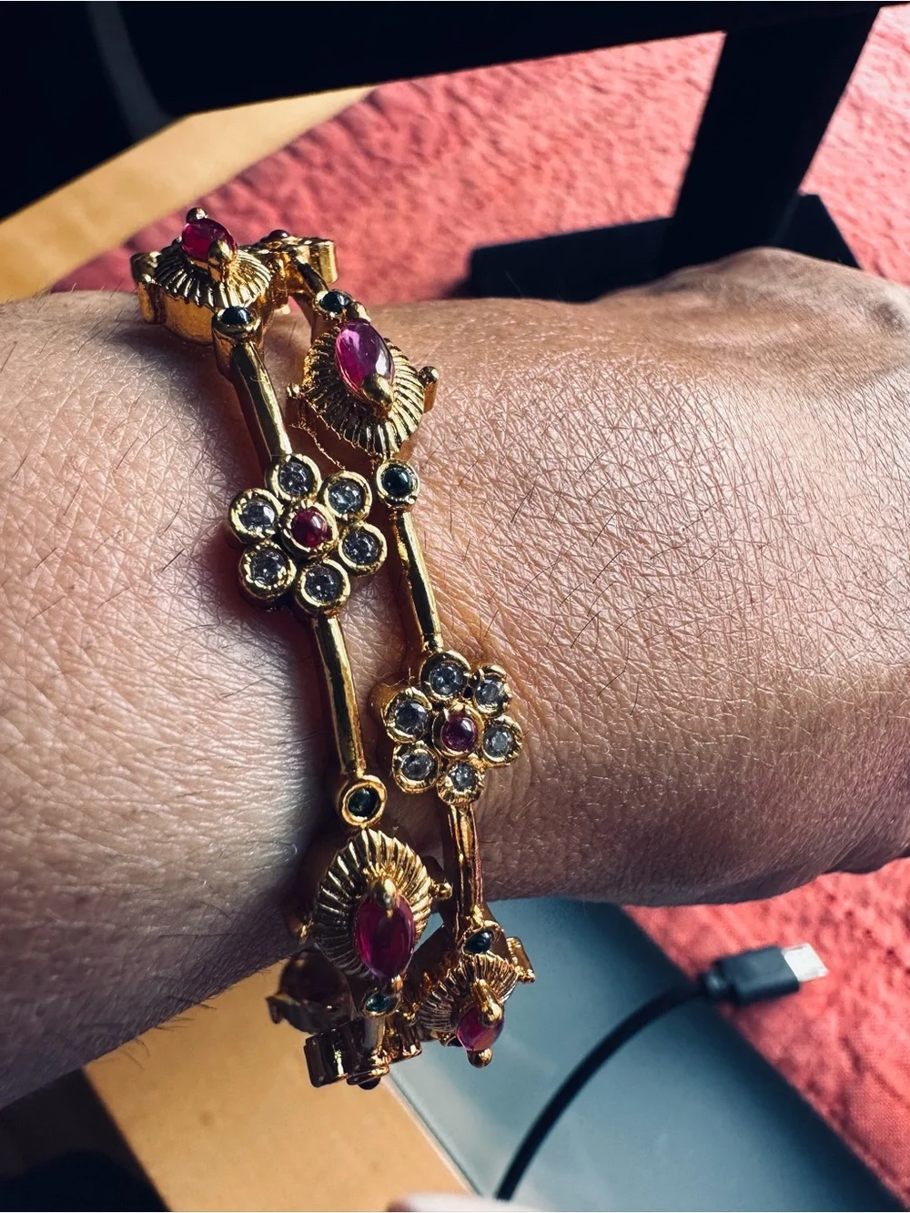 Gold-Tone Pink Floral Bangles for size 2.4/2.6 wrist Anti tarnish